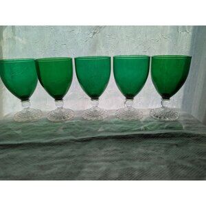 5 Vintage Anchor Hocking Bubble Foot Green Glass Goblets with Clear Stems